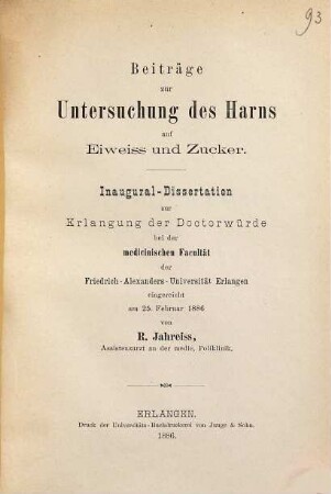 Beiträge zur Untersuchung des Harns auf Eiweiss und Zucker
