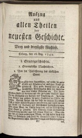 Drey und dreysigste Nachlese. Coburg, den 16. Aug. 1749.