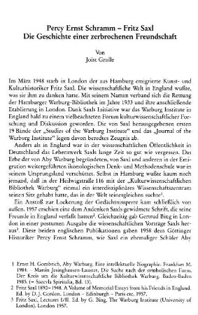 Percy Ernst Schramm - Fritz Saxl : die Geschichte einer zerbrochenen Freundschaft