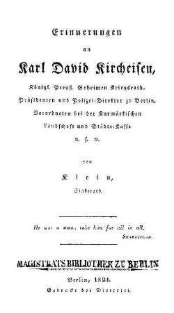 Erinnerungen an Karl David Kircheisen