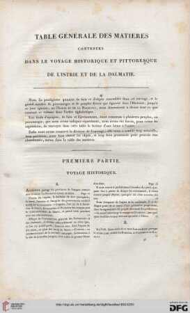 Table générale des matieres contenues dans le voyage historique et pittoresque de l’Istrie et de la Dalmatie. Premiere partie