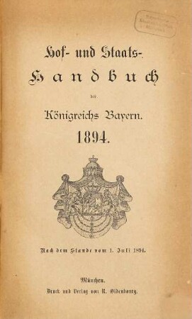 Hof- und Staatshandbuch des Königreichs Bayern. 1894