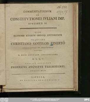Specimen II.: Commentationvm Ad Constitvtiones Ivliani Imp. Specimen II.