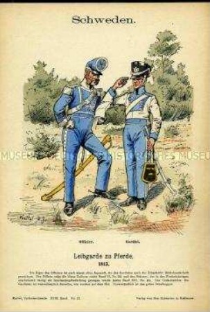 Uniformdarstellung, Offizier und Gardist der Leibgarde zu Pferde, Königreich Schweden, 1813.
