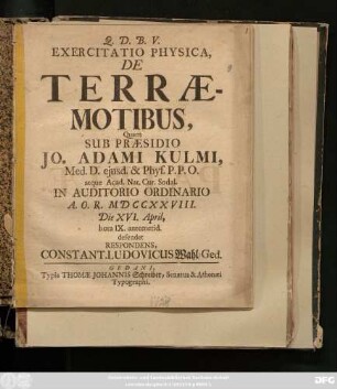 Exercitatio Physica, De Terræmotibus