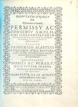 Dispvtatio Ivridica De Testamentis ordinandis