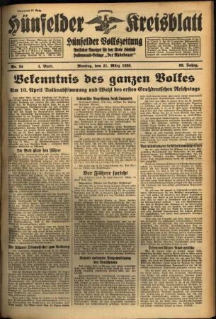 Erste Ausgabe vom Montag, den 21. März 1938.