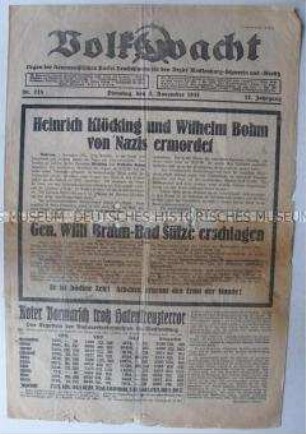 Regionale kommunistische Tageszeitung "Volkswacht" u.a. zum Mord an mehreren Kommunisten durch die Nationalsozialisten