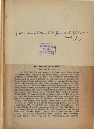 Zur Kenntnis Jean Pauls : [Briefe Jean Pauls vom November 1816 bis Juli 1818 aus den Vossiana der Hof- und Staatsbibliothek in München]