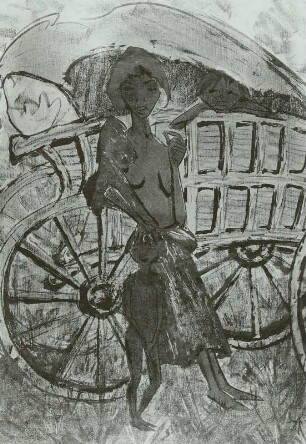 Zigeunerfamilie mit Kindern vor Planwagen