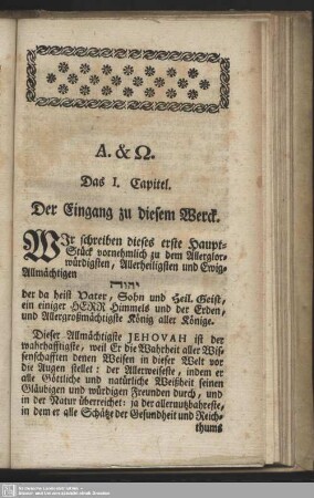 Das I. Capitel. Der Eingang zu diesem Werck