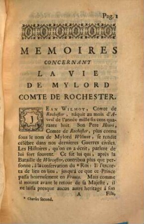 Memoires touchant Jean Wilmot Comte de Rochester