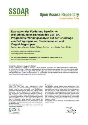 Evaluation der Förderung beruflicher Weiterbildung im Rahmen des ESF-BA-Programms: Wirkungsanalyse auf der Grundlage von Befragungen von Teilnehmenden und Vergleichsgruppen