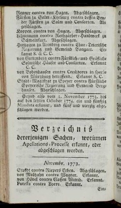 Verzeichnis dererjenigen Sachen, worinnen Apellations-Processe erkannt, oder abgeschlagen worden.