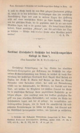 61-74 Cardinal Steinhuber's Geschichte des deutsch-ungarischen Collegs in Rom : I.