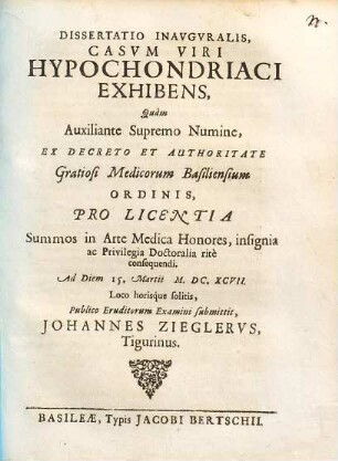Dissertatio inauguralis, casum viri hypochondriaci exhibens
