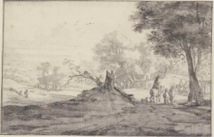 Landschaft mit Bäumen und Häusern, in der Mitte die Reste eines abgehauenen Baumes, Reiter und Fußgänger