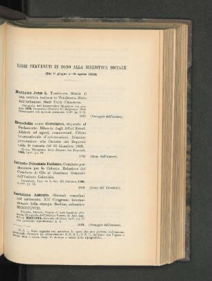 Libri Pervenuti In Dono Alla Biblioteca Sociale.