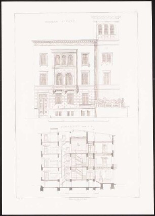 Wohnhaus Hitzig Lennéstraße 8, Berlin-Tiergarten: Vorderansicht, Schnitt A B (aus: Architektonisches Album, Bd. 1, H.12, hrsg.v. Stüler, Knoblauch, Salzenberg, Strack, 1846)