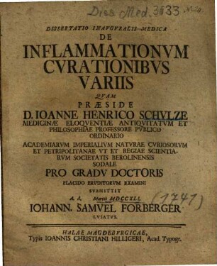 Dissertatio Inavgvralis Medica De Inflammationvm Cvrationibvs Variis