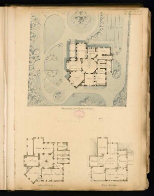 Villenartiges Wohnhaus, Lüdenscheid Monatskonkurrenz Dezember 1883: Lageplan mit Grundriss Erdgeschoss, Keller, Obergeschoss; Maßstabsleiste
