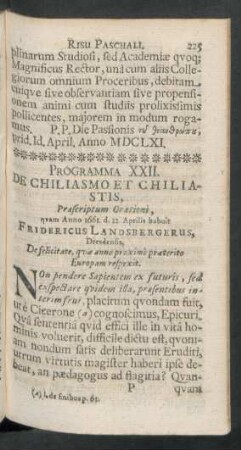 Programma XXII. De Chiliasmo Et Chiliastis