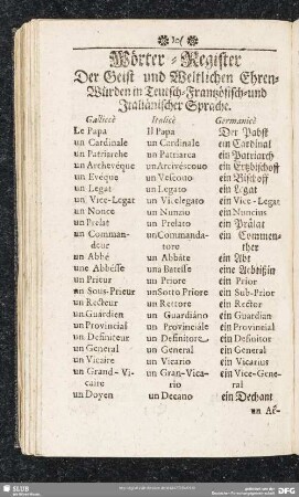 Wörter-Register Der Geist und Weltlichen Ehren-Würden in Teutsch-Frantzösisch- und Italänischer Sprache