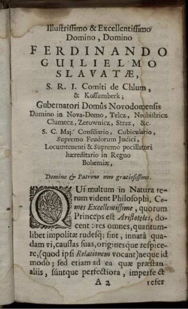 Widmung an Ferdinandus Guilielmus Slavata