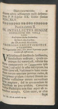 Programma II. De Intellectus Humani Comparatione Cum Tabula Rasa