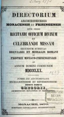 Directorium sive ordo divini officii recitandi et missae celebrandae. 1870