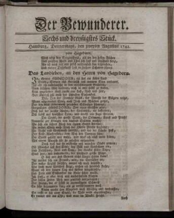 Sechs und dreyßigstes Stück. Hamburg, Donnerstags, den zweyten Augustus 1742.