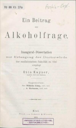 Ein Beitrag zur Alkoholfrage