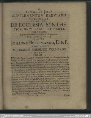 Caput XVII. De Ecclesia Synthetica Universali Et Particularibus