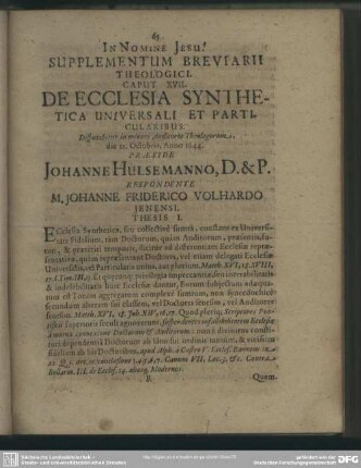 Caput XVII. De Ecclesia Synthetica Universali Et Particularibus