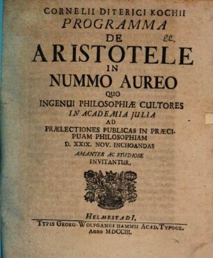 Cornelii Diterici Kochii Programma de Aristotele in nummo aureo