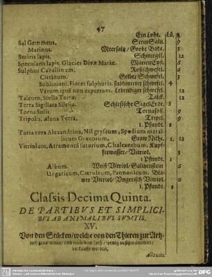 Classis Decima Quinta. De Partibus Et Simplicibus Ab Animalibus Sumtis