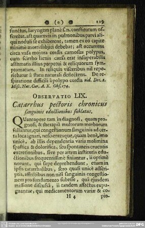 Observatio LIX. Catarrhus pectoris chronicus sanguinis eductionibus sublatus