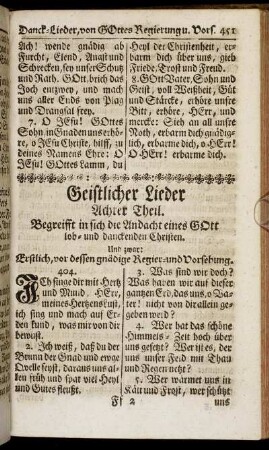 Geistliche Lieder Achter Theil. Begreifft in sich die Andacht eines Gott lob- und danckenden Christen.