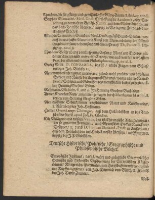 Teutsche Historische/ Politische/ Geographische und Philosophische Bücher.