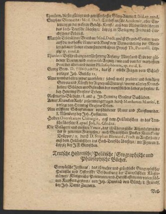 Teutsche Historische/ Politische/ Geographische und Philosophische Bücher.