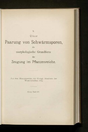 V. Über Paarung von Schwärmsporen die morphologische Grundform der Zeugung im Pflanzenreiche