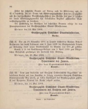 52. Ministerial-Bekanntmachung, betreffend Genehmigung der Stiftung des am 18. November 1901 in Triptis verstorbenen Rentners Richard Roßmann