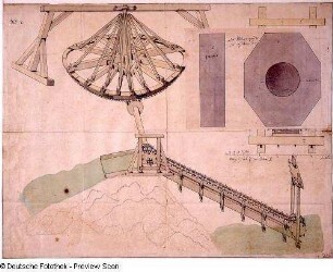 Desseins des differentes Machines, Collection du Jean de Bodt (1. H. 18. Jh., J. de Bodt?). Plan einer Maschine (mit Klappe rechts oben). Feder, Tusche, aquarelliert; 391 x 508 mm