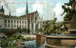 Leipzig: Mendebrunnen mit Universität und Pauliner Kirche