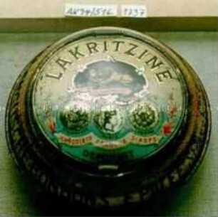 Automaten-Blechdose mit Klappdeckel für "LAKRITZINE DRAGÉES, CHOCOLADE, ENGLISCHE BONBONS. E. PALÉE Strassburg i/Els."