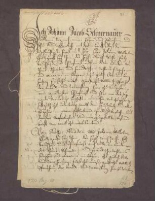 Johann Jakob Schernauer reversiert gegenüber Kurfürst Johann Wilhelm von der Pfalz wegen des Erblehene eines Hausplatzes in Ladenburg.