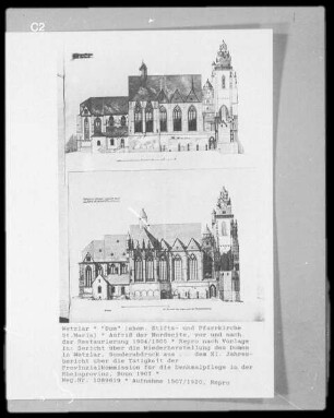 Wetzlar, ehem. Stiftskirche / Dom, Aufriß der Nordseite, vor und nach der Restaurierung 1904/1905