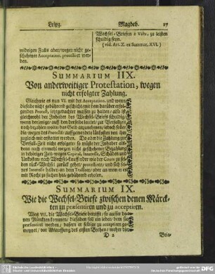 Summarium IX. Wie die Wechsel-Briefe zwischen denen Märckten zu praesentiren und zu acceptiren