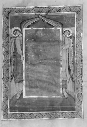 Evangeliar — Zierseite mit zwei eine Schrifttafel haltenden Engeln, Folio 9recto
