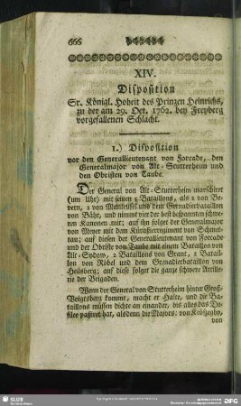 XIV. Disposition Sr. Königl. Hoheit des Prinzen Heinrichs, zu der a 29. Oct. 1762. bey Freyberg vorgefallenen Schlacht